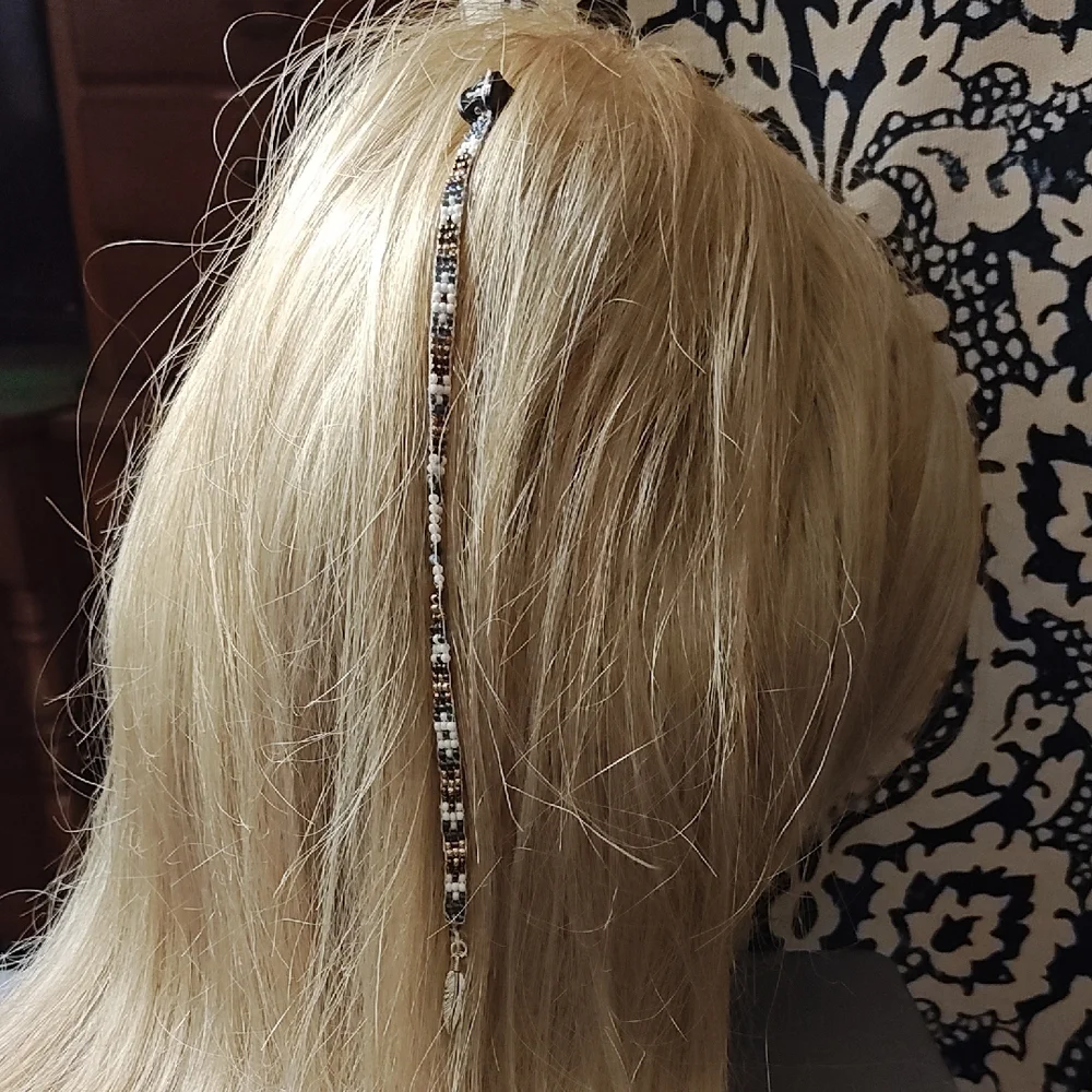 Beaded Hair Wrap – Black, White & Brown Accent - Picture 1 of 3